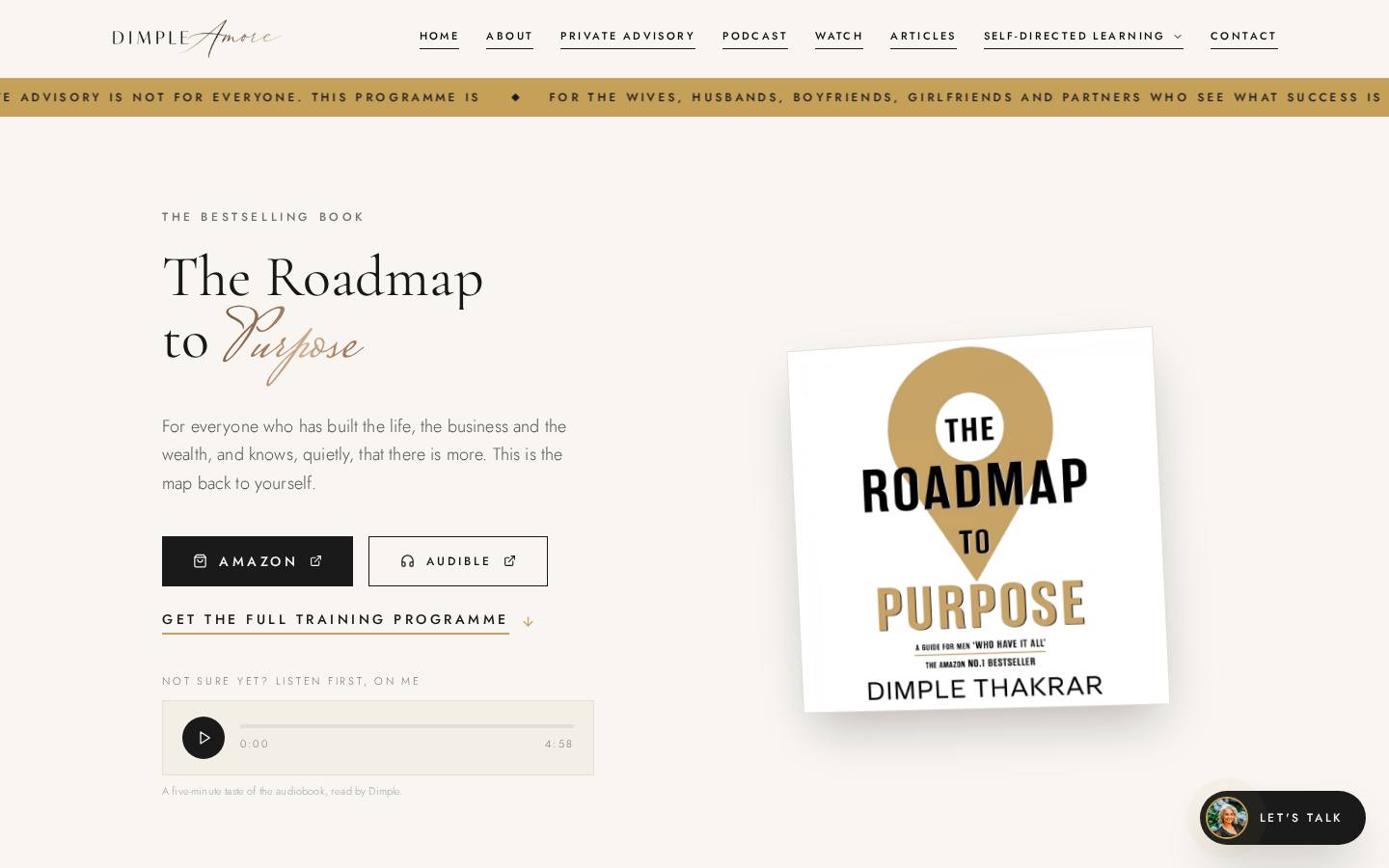 The Roadmap to Purpose book page on dimplemethod.com, a bestseller formatted and audiobook recorded by Audio & Co.