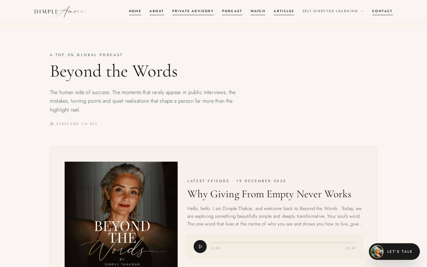 Beyond the Words podcast page on dimplemethod.com, a top 5% global show run by Audio & Co. podcast management