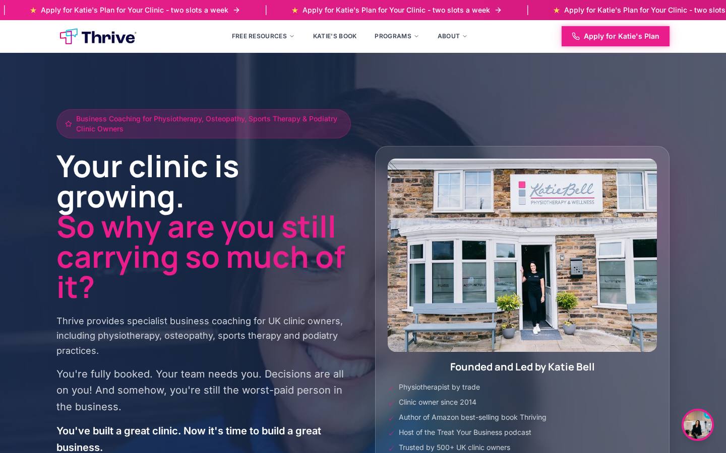 Thrive business coaching homepage for clinic owners, a website built for SEO by Audio & Co. for Katie Bell
