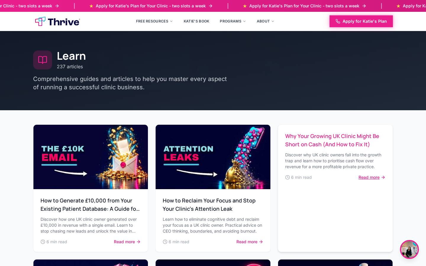 Thrive Learn hub with 237 SEO articles for UK clinic owners, written and published by Audio & Co.