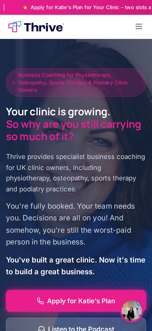 Thrive business coaching website on a mobile phone, a responsive website built for SEO by Audio & Co.