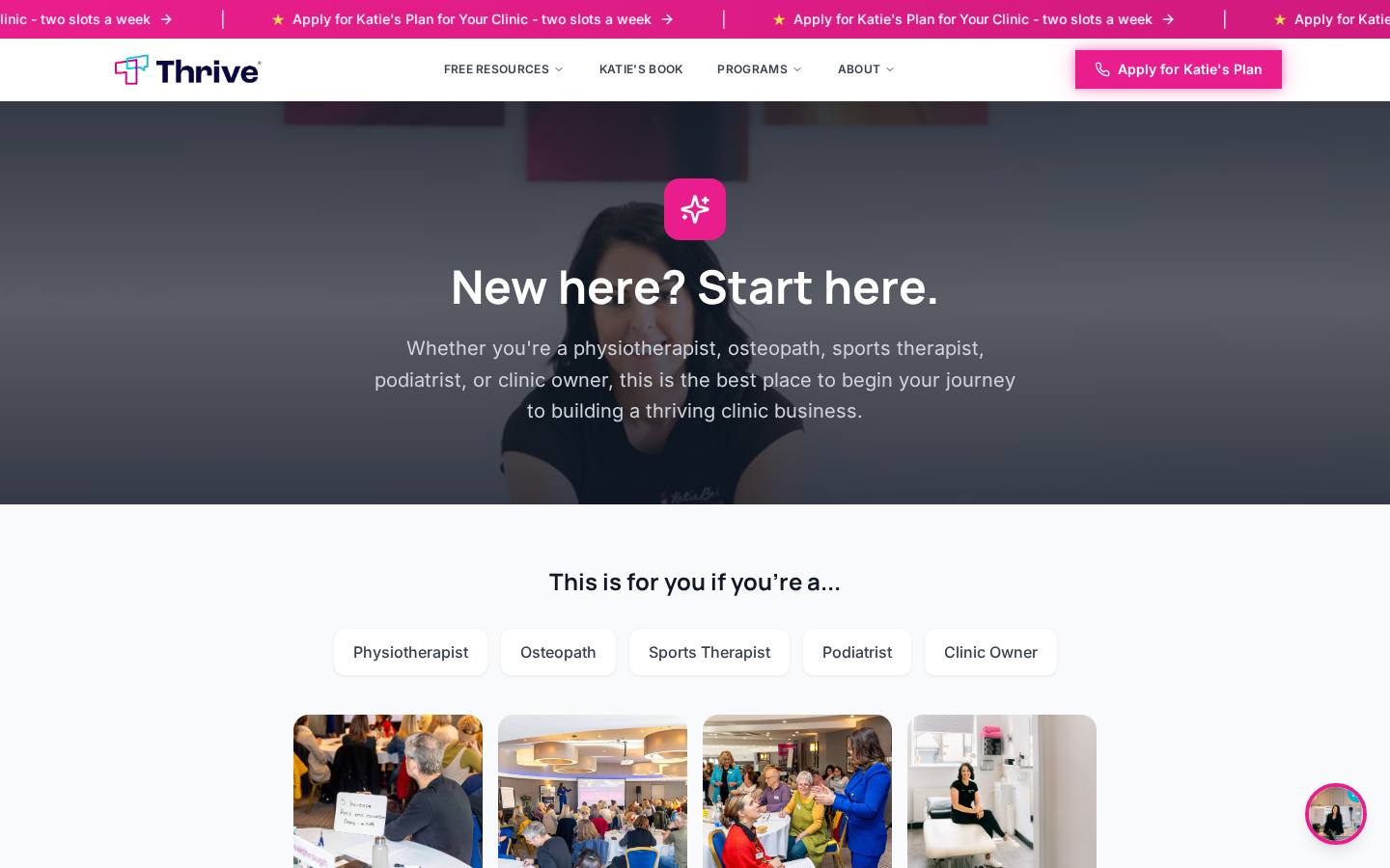 Thrive start here page guiding new physiotherapists and clinic owners, a website journey built by Audio & Co.