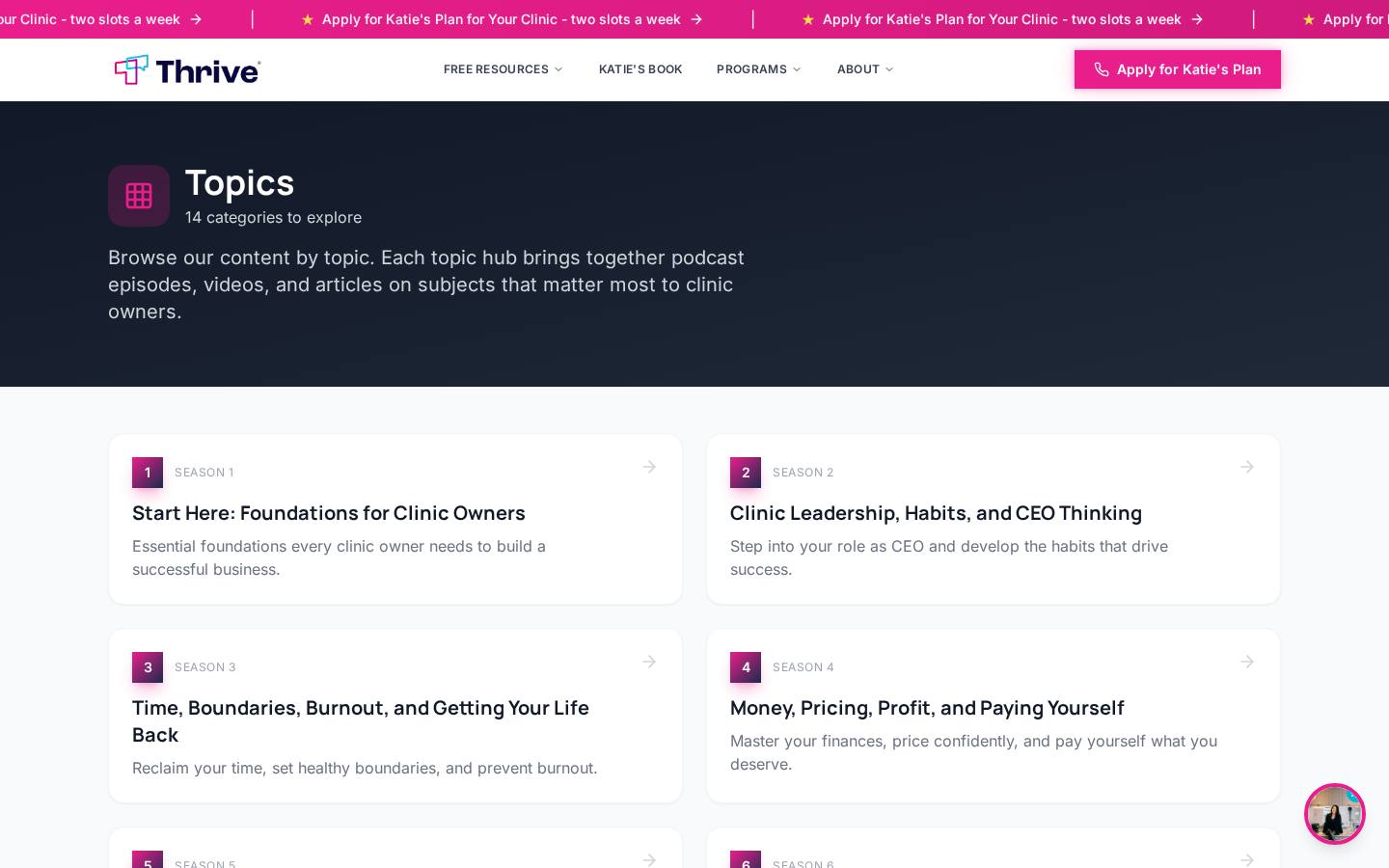 Thrive topic hubs grouping podcast episodes, videos and articles into 14 categories, built by Audio & Co.
