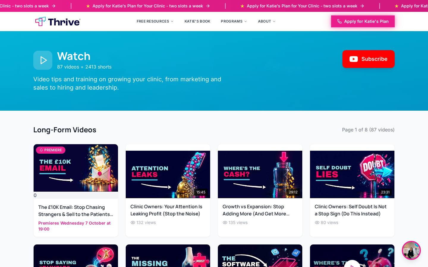 Katie Bell YouTube library with 87 videos and 2,413 Shorts, managed by Audio & Co. podcast management
